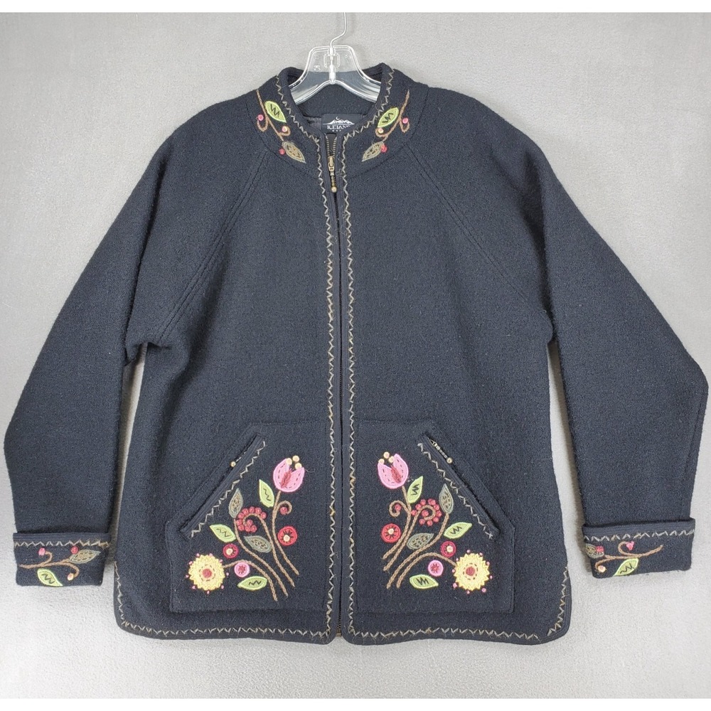 Icelandic Design Black Cardigan Jacket Embroidered Lined Pockets Boho Sz M Zip